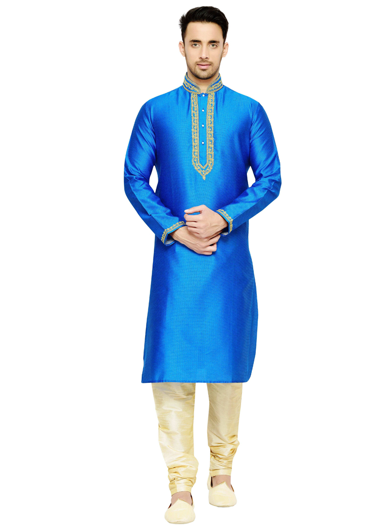Blue Dupion Readymade Kurta Pajama 117375