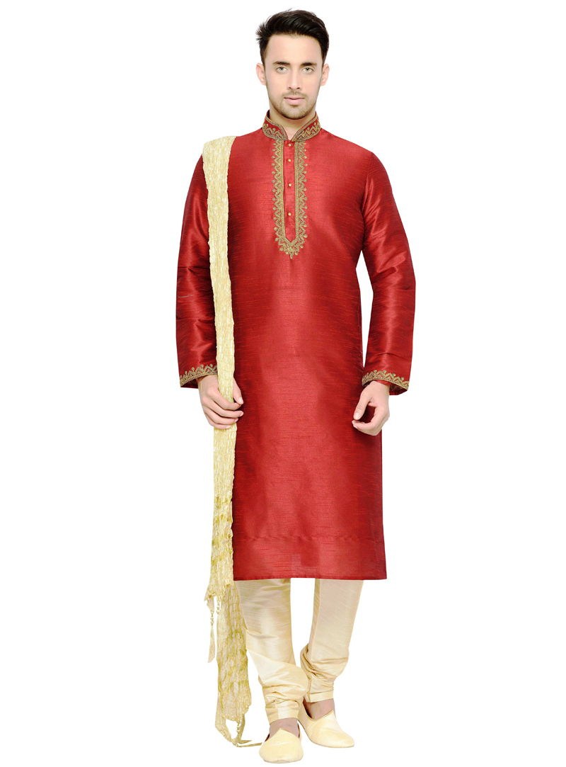 Red Dupion Readymade Kurta Pajama 117377