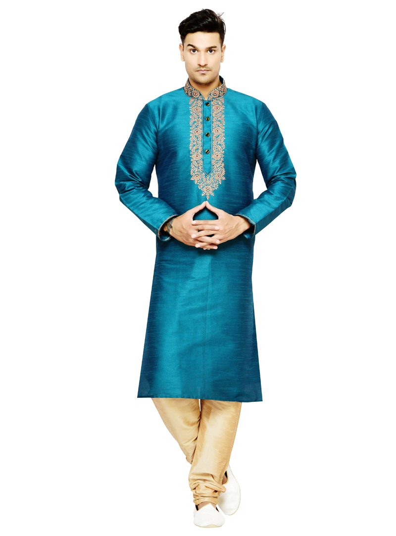Teal Dupion Readymade Kurta Pajama 117378