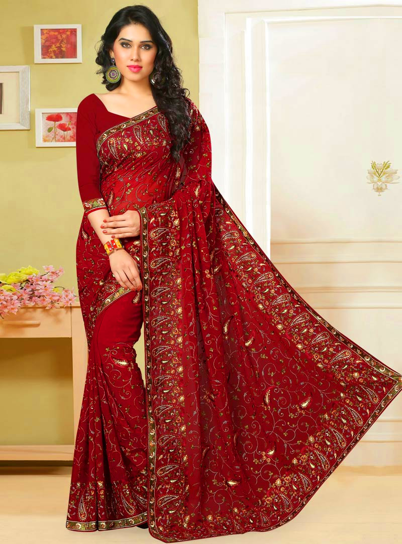 Maroon Georgette Embroidery Work Saree 82771