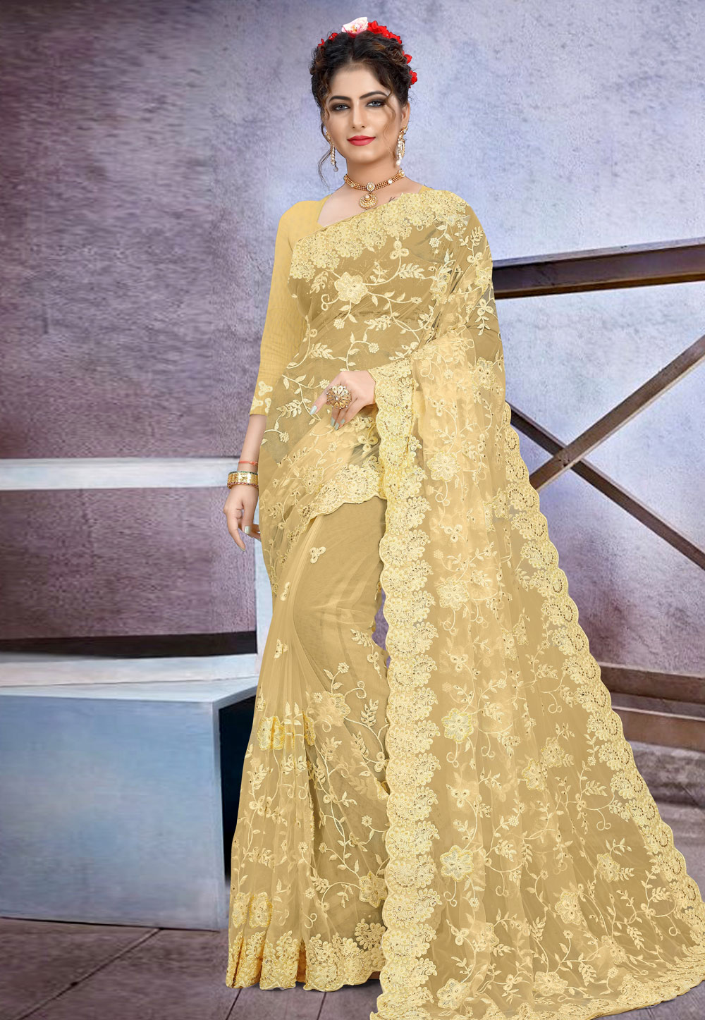 Yellow Net Festival Wear Saree 205182
