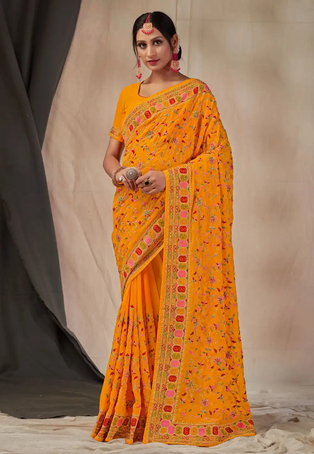Orange Georgette Saree With Blouse 242330