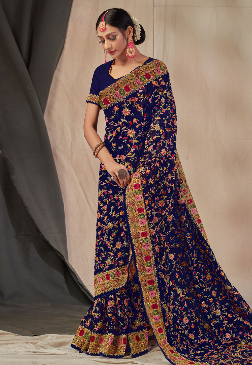 Navy Blue Georgette Festival Wear Saree 242331