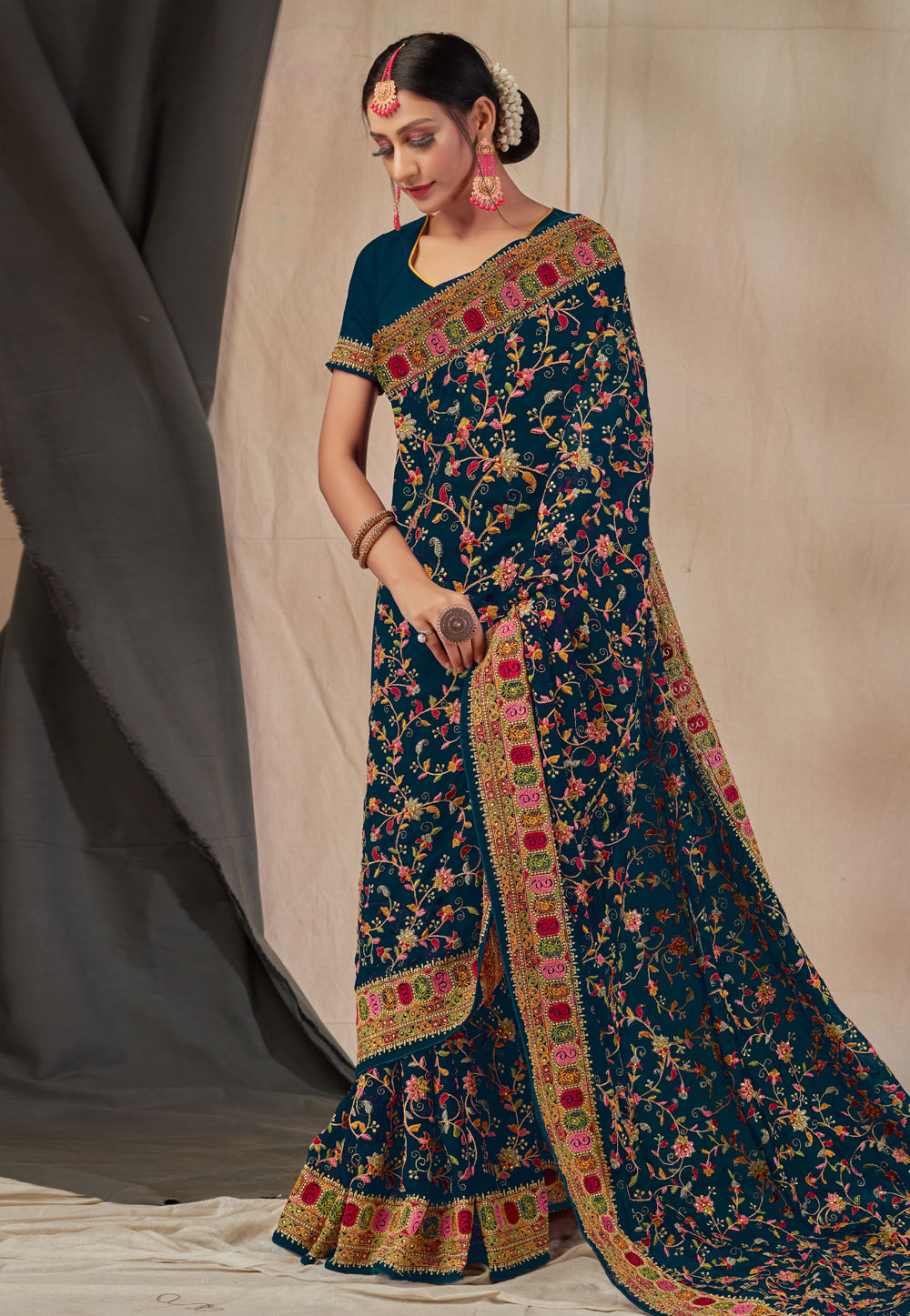 Teal Georgette Festival Wear Saree 242333