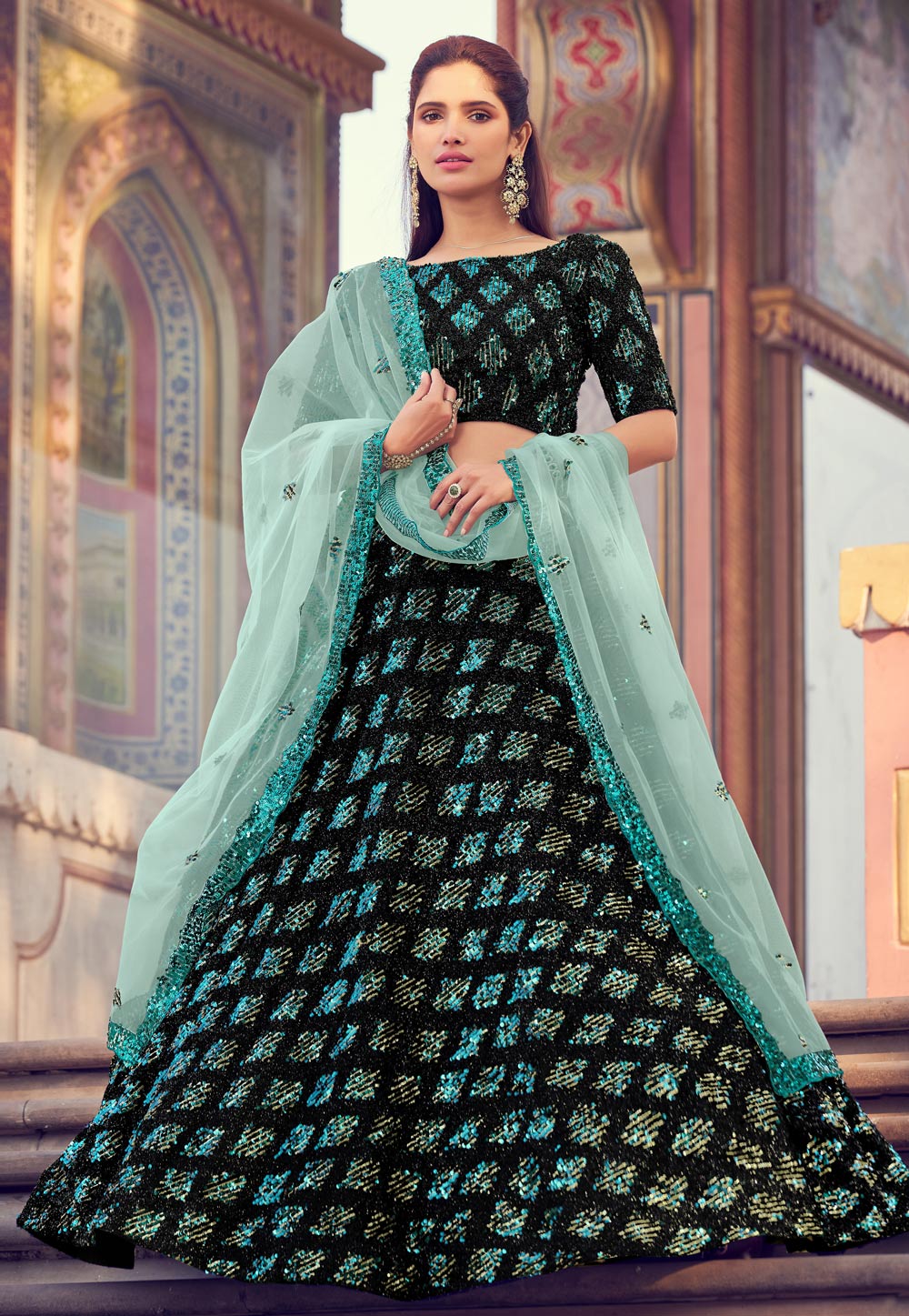 Black Lycra Sequins Work Party Wear Lehenga Choli 218977