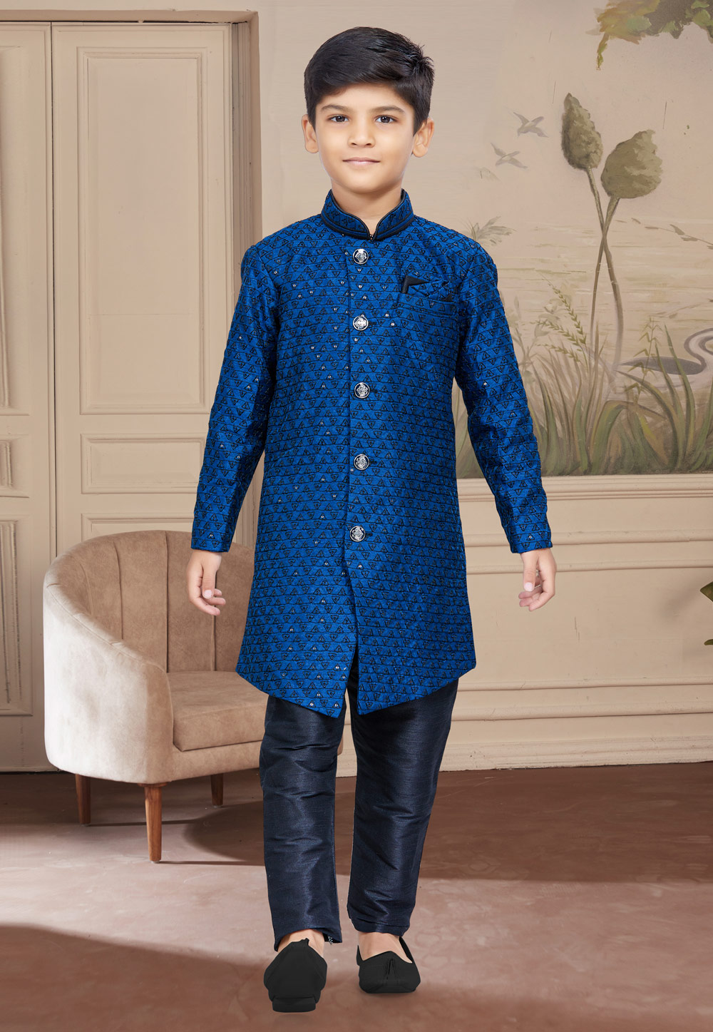 Navy Blue Jacquard Readymade Kids Indo Western Sherwani 267560