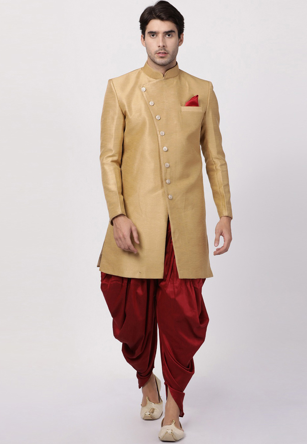 Golden Silk Dhoti Sherwani 235195