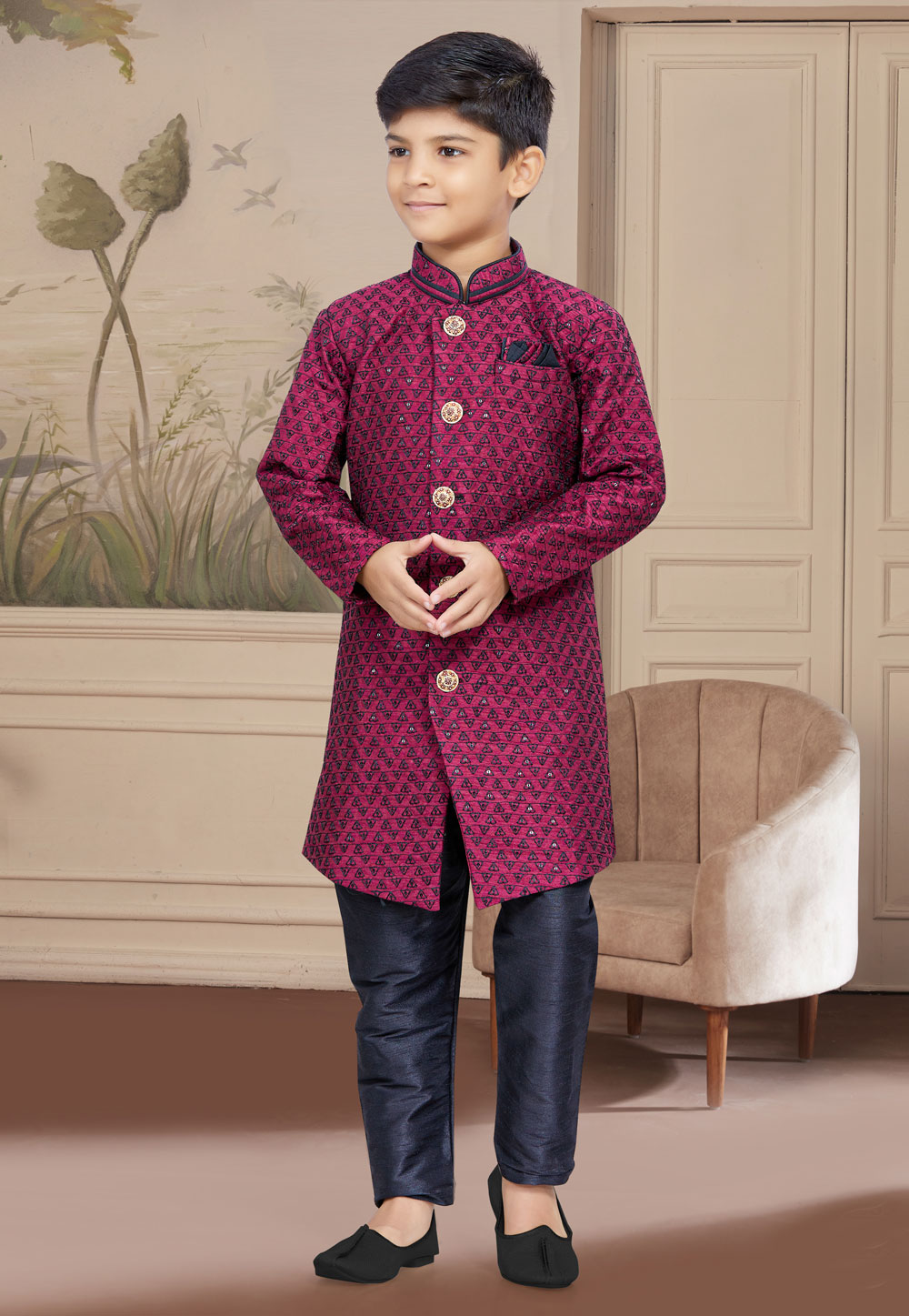 Magenta Jacquard Readymade Kids Indo Western Sherwani 267561