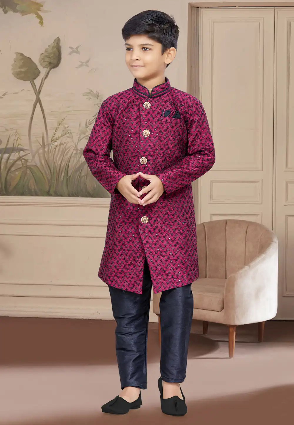 Magenta Jacquard Readymade Kids Indo Western Sherwani 267561