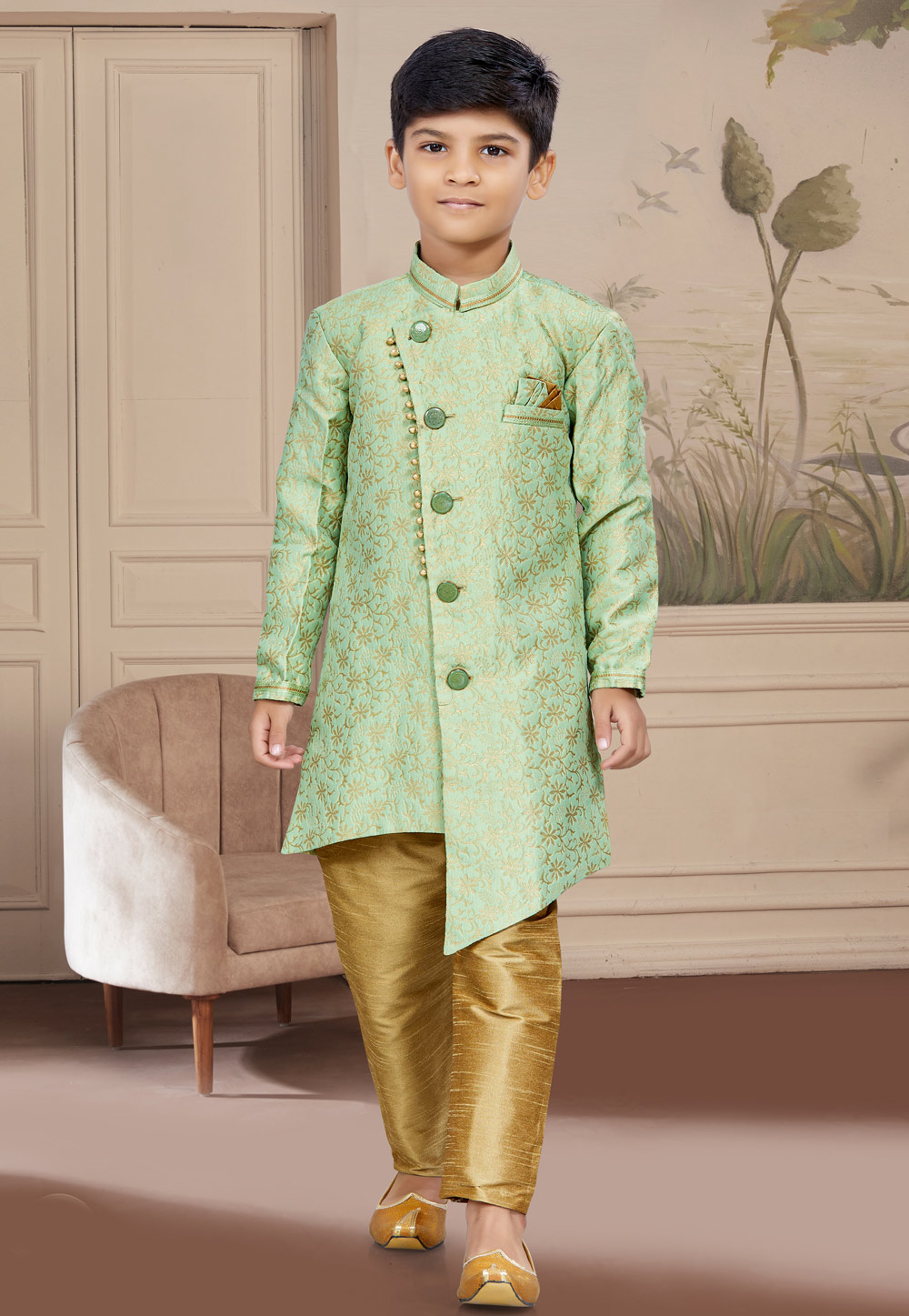 Pista Green Banarasi Jacquard Readymade Kids Indo Western Sherwani 267564