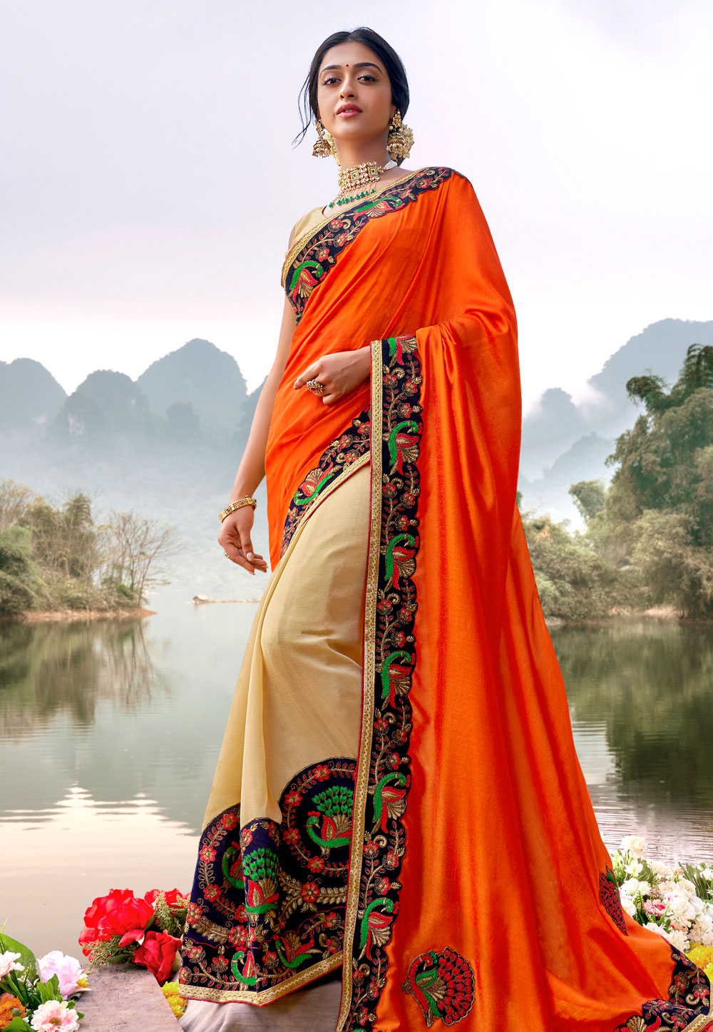 Orange Art Silk Half N Half Saree 201907