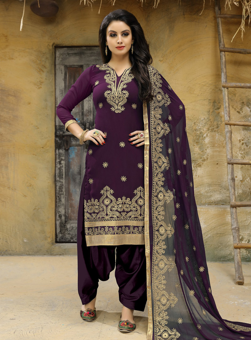 Purple Faux Georgette Patiala Suit 138605
