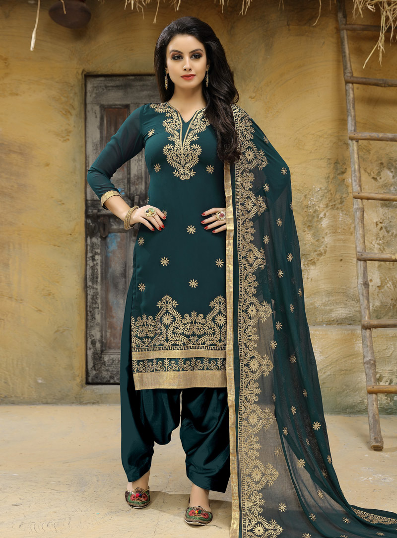 Teal Faux Georgette Punjabi Suit 138608