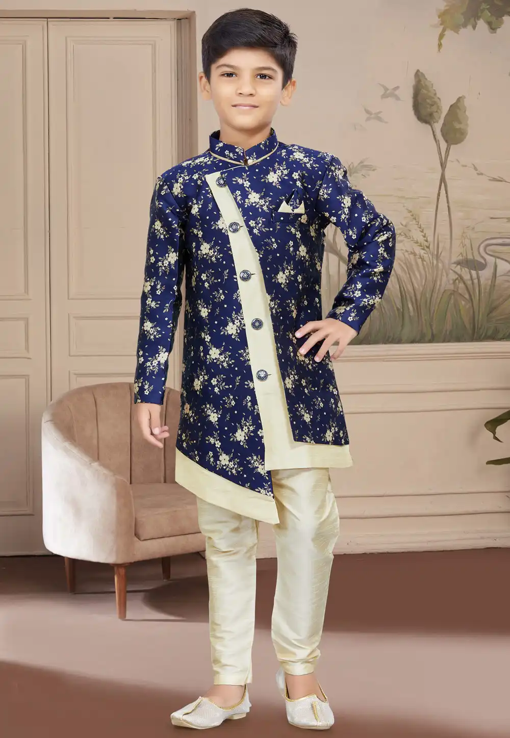 Navy Blue Jacquard Kids Indo Western Suit 267568