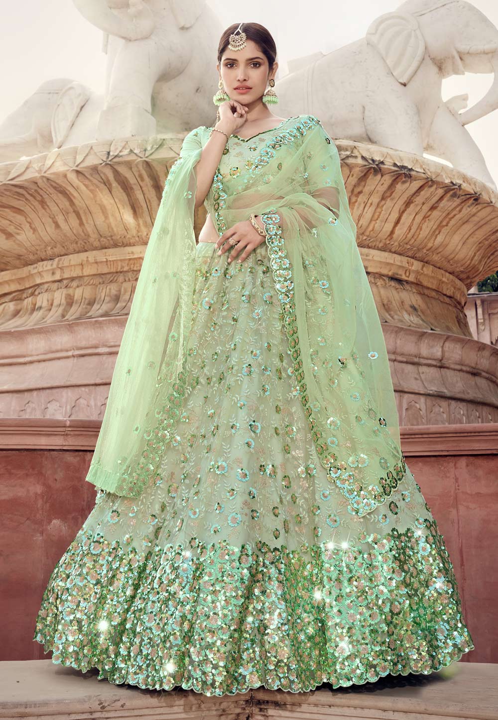 Light Green Sequins Work Net Lehenga Choli 218362