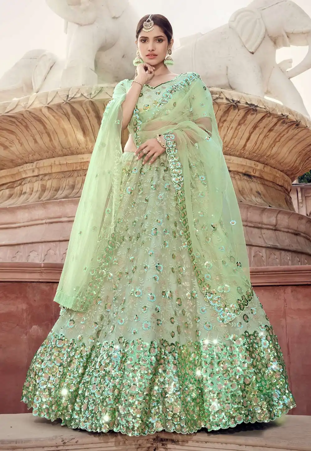 Light Green Sequins Work Net Lehenga Choli 218362