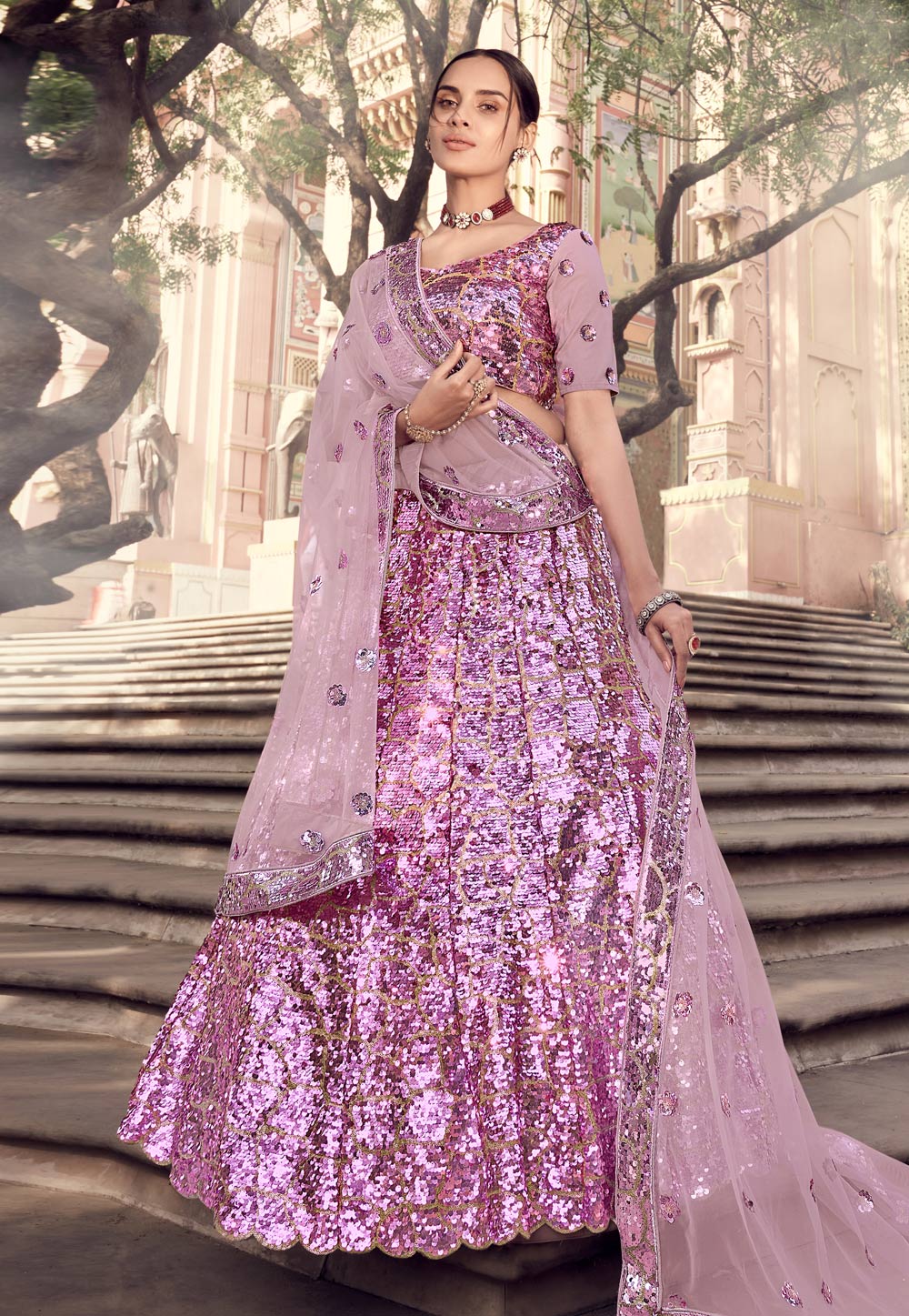 Pink Net Sequins Work Lehenga Choli 218366
