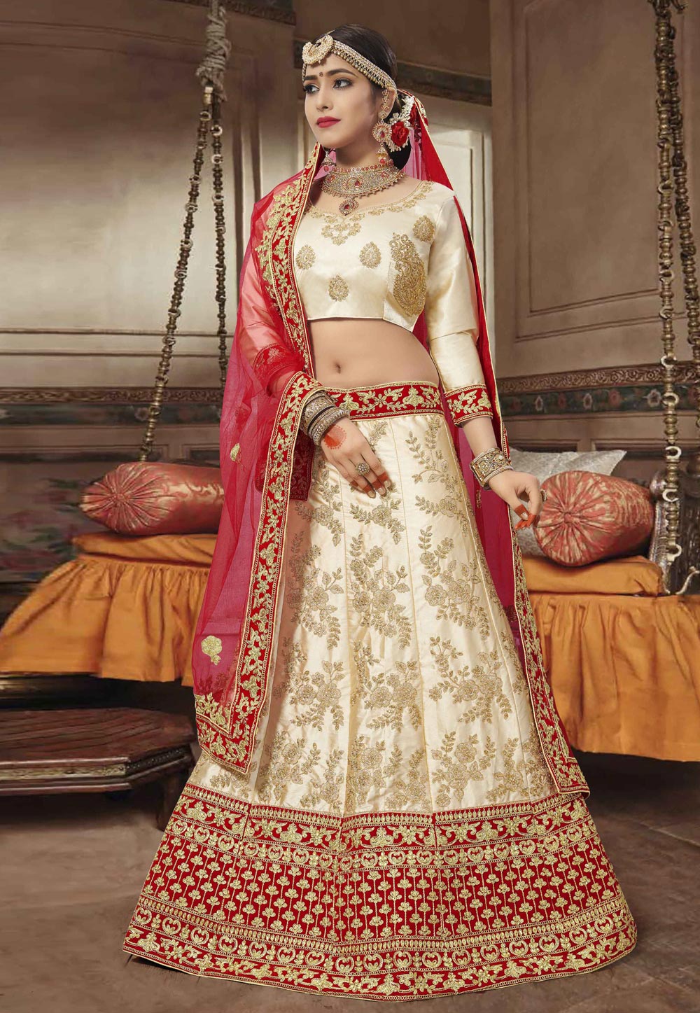 Beige Silk Embroidered Lehenga Choli 165308