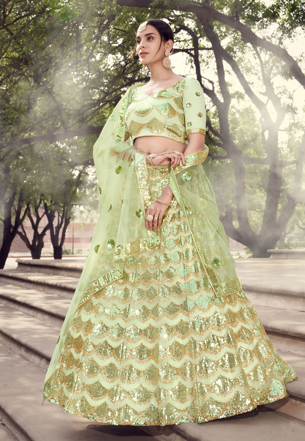 Light Green Net Sequins Work Lehenga Choli 218369