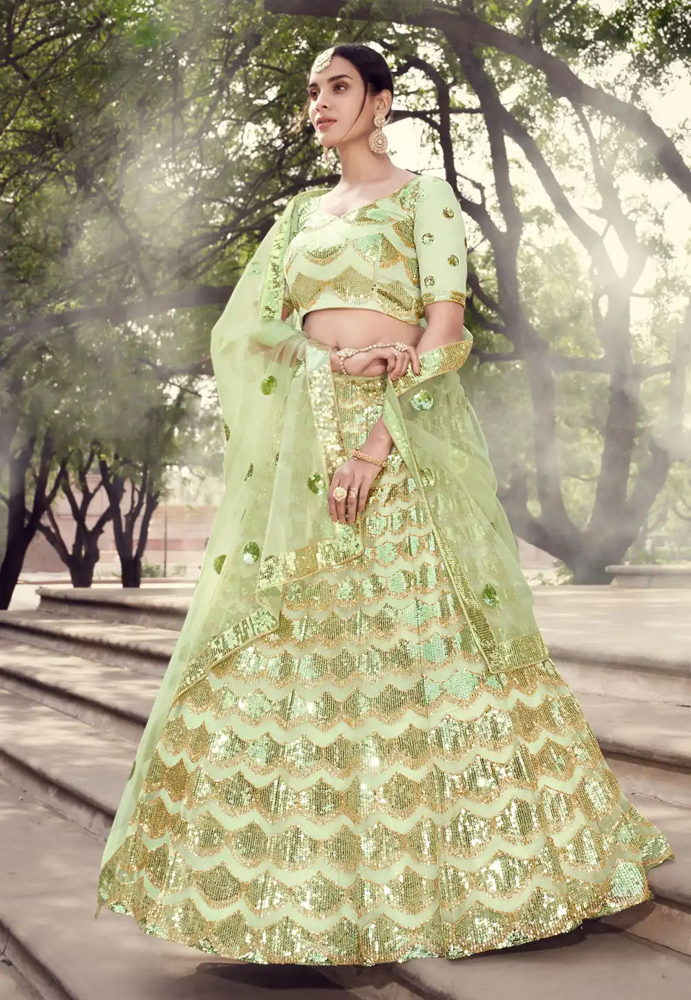 Light Green Net Sequins Work Lehenga Choli 218369