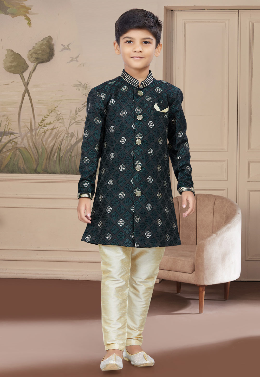 Teal Banarasi Jacquard Readymade Kids Indo Western Sherwani 267569
