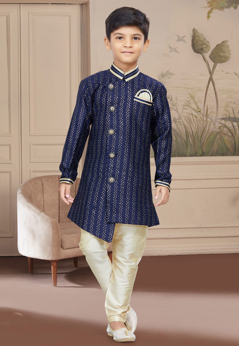 Navy Blue Jacquard Readymade Kids Indo Western Sherwani 267570