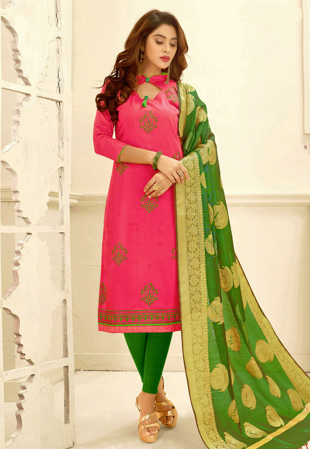 Magenta Glace Cotton Churidar Suit 165963