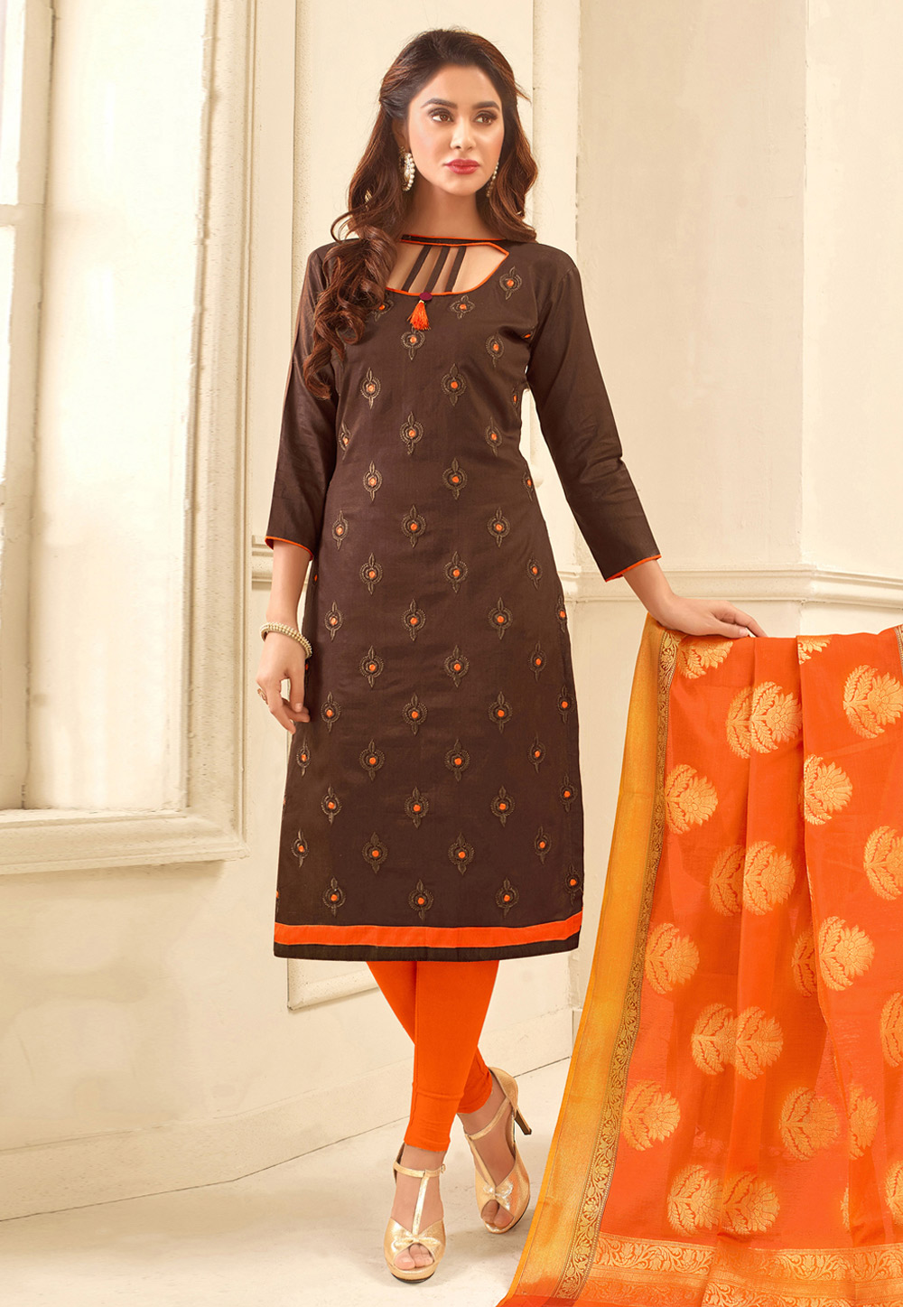 Brown Glace Cotton Churidar Suit 165967
