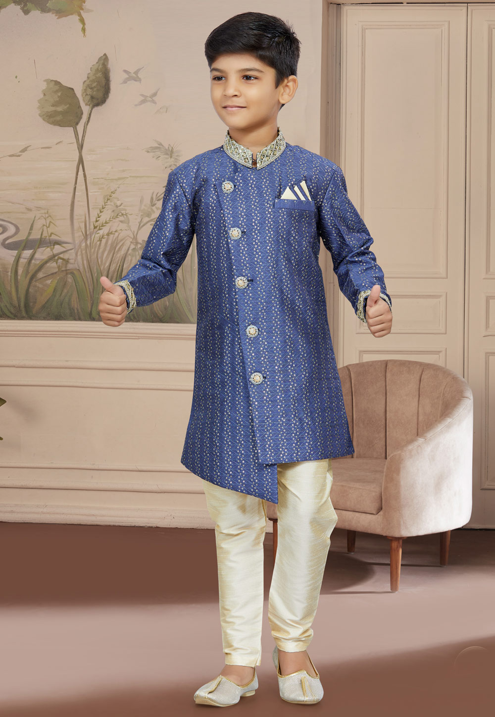 Blue Jacquard Readymade Kids Indo Western Sherwani 267571