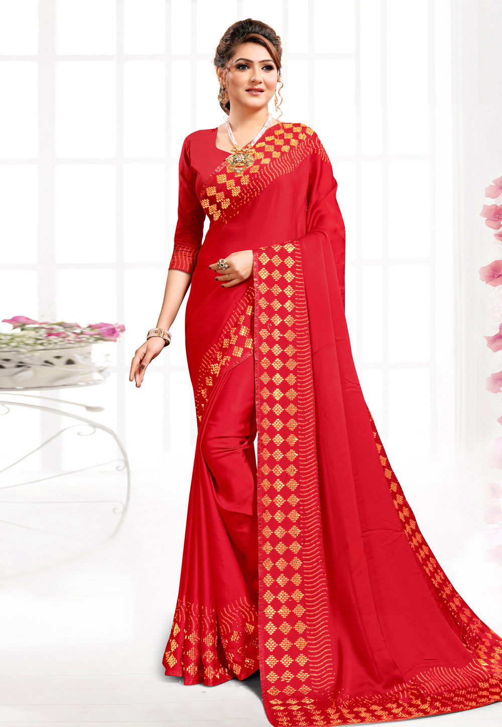 Red Satin Light Weight Saree 244052