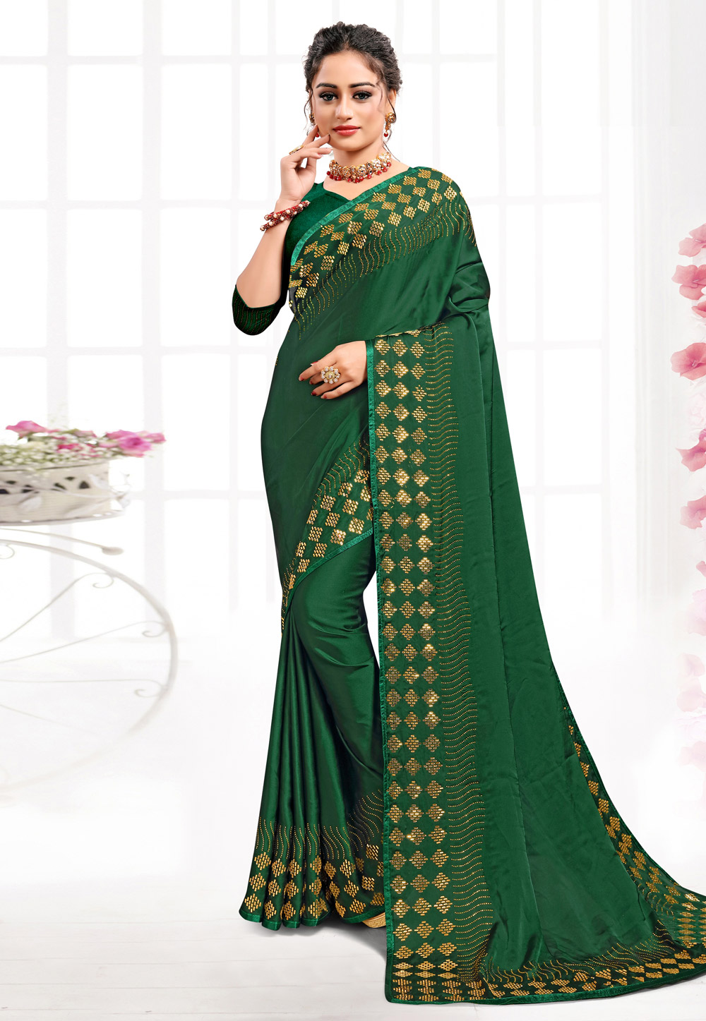 Green Satin Light Weight Saree 244054