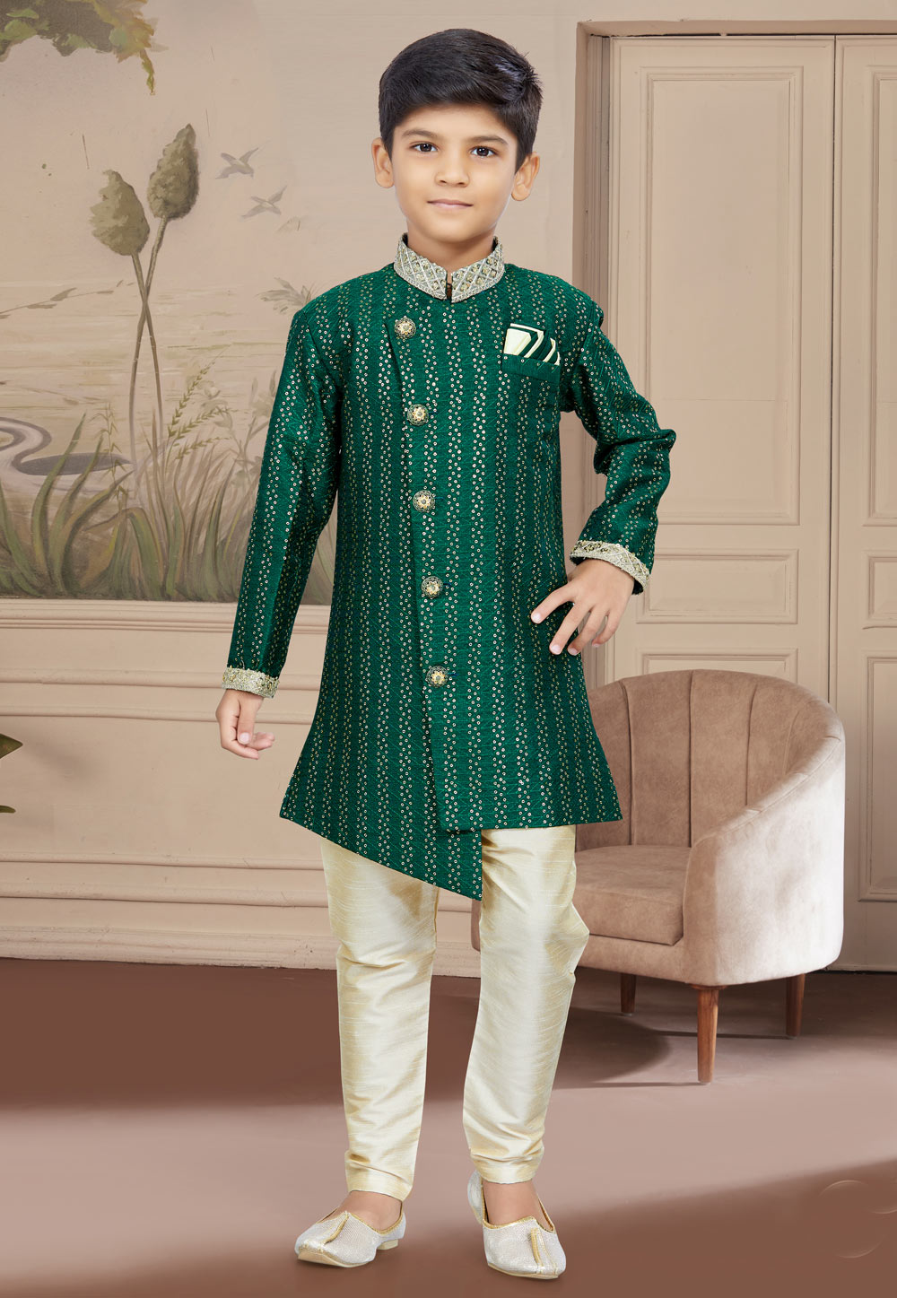 Green Jacquard Readymade Kids Indo Western Sherwani 267575
