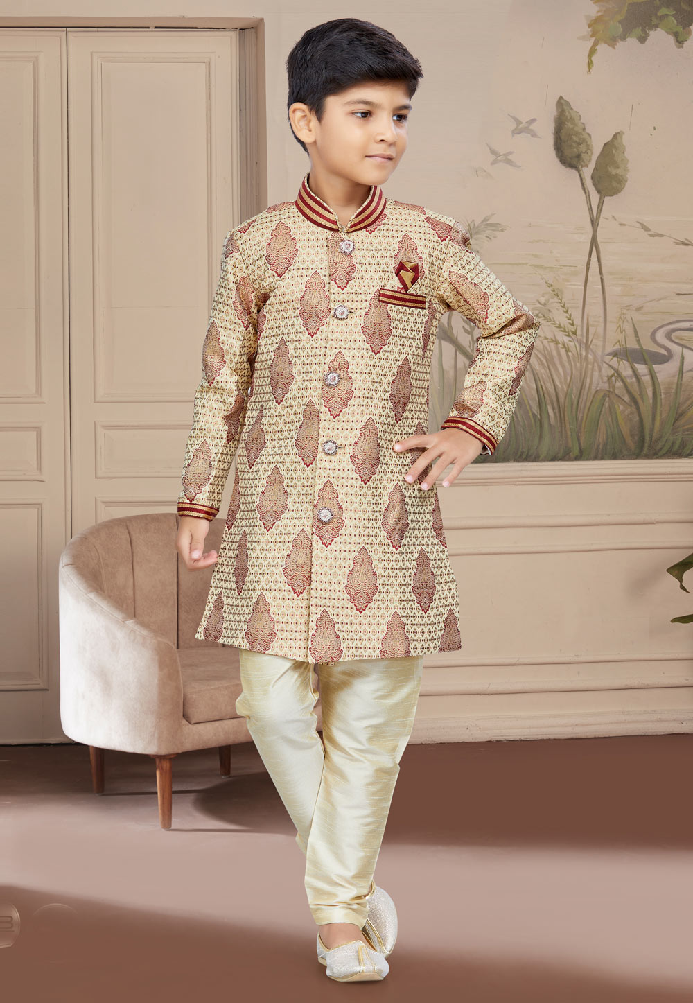 Beige Jacquard Readymade Kids Indo Western Sherwani 267576