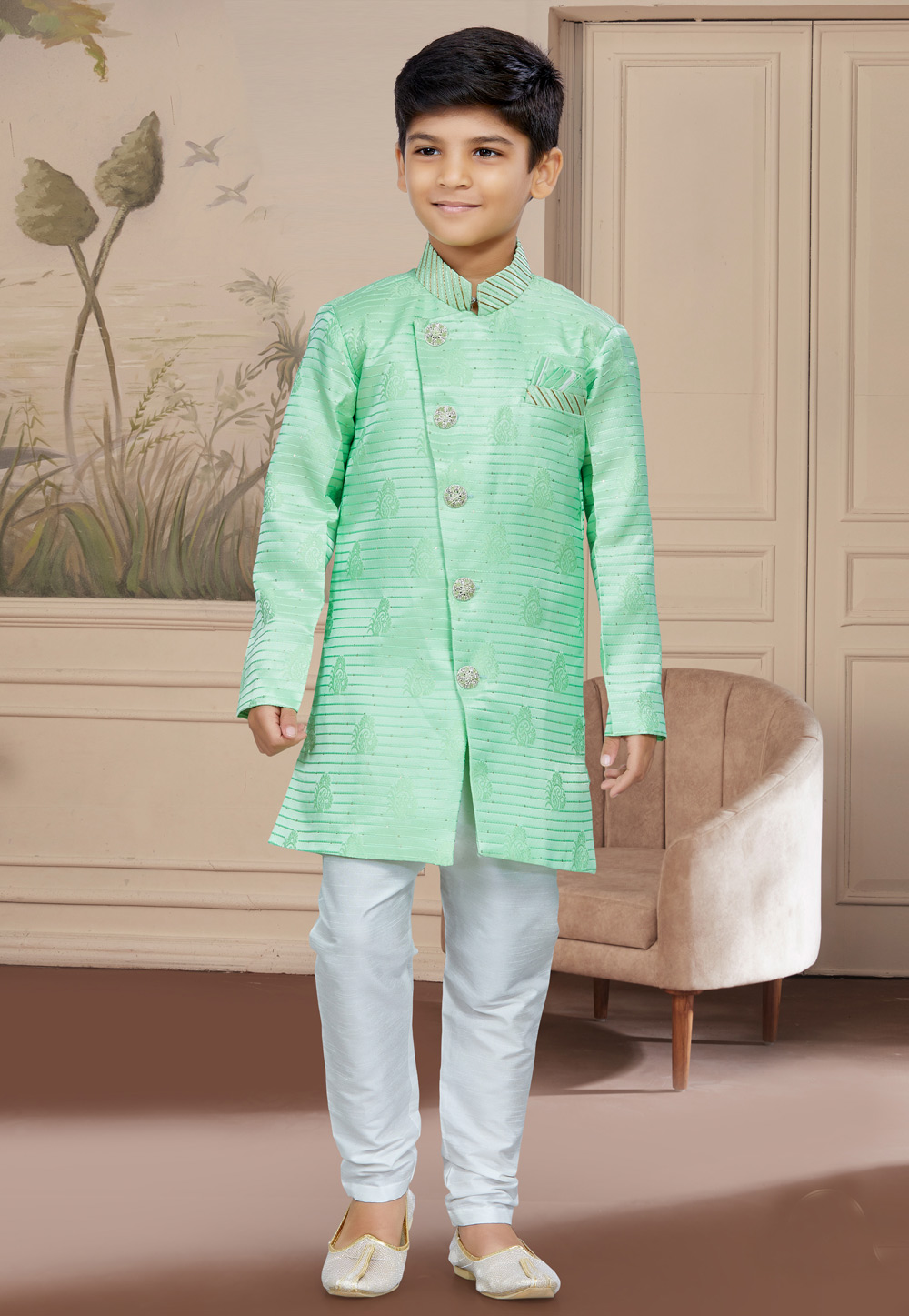 Sea Green Jacquard Readymade Kids Indo Western Sherwani 267577