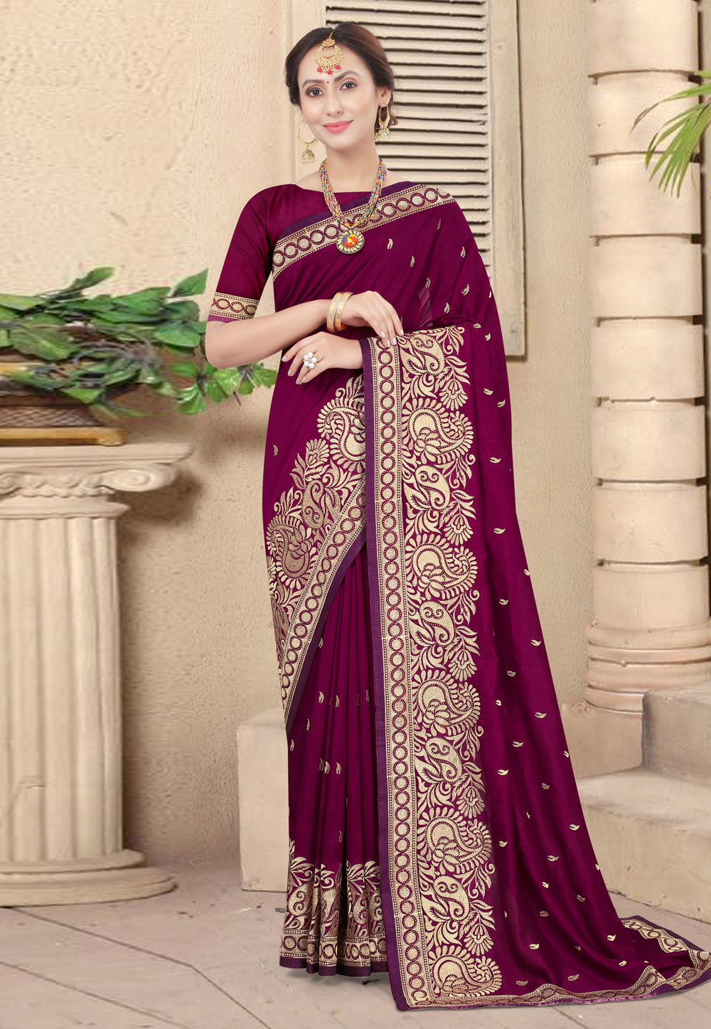 Wine Silk Saree With Blouse 244318