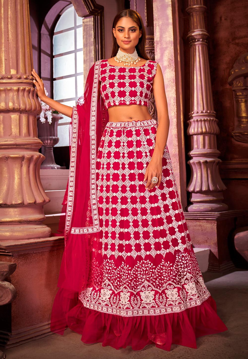 Magenta Net A Line Lehenga Choli 239474