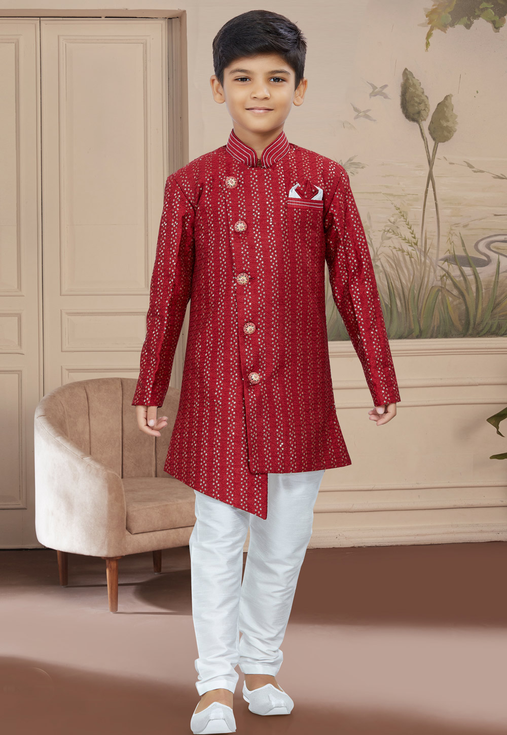 Maroon Jacquard Readymade Kids Indo Western Sherwani 267578