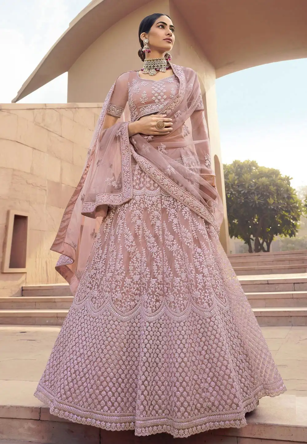 Pink Sequins Work Net Lehenga Choli 223385