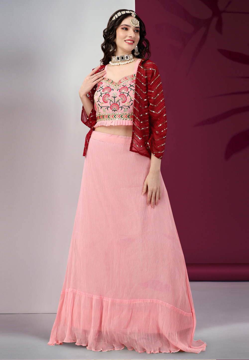 Pink Satin Georgette Indo Western Lehenga Choli 265852