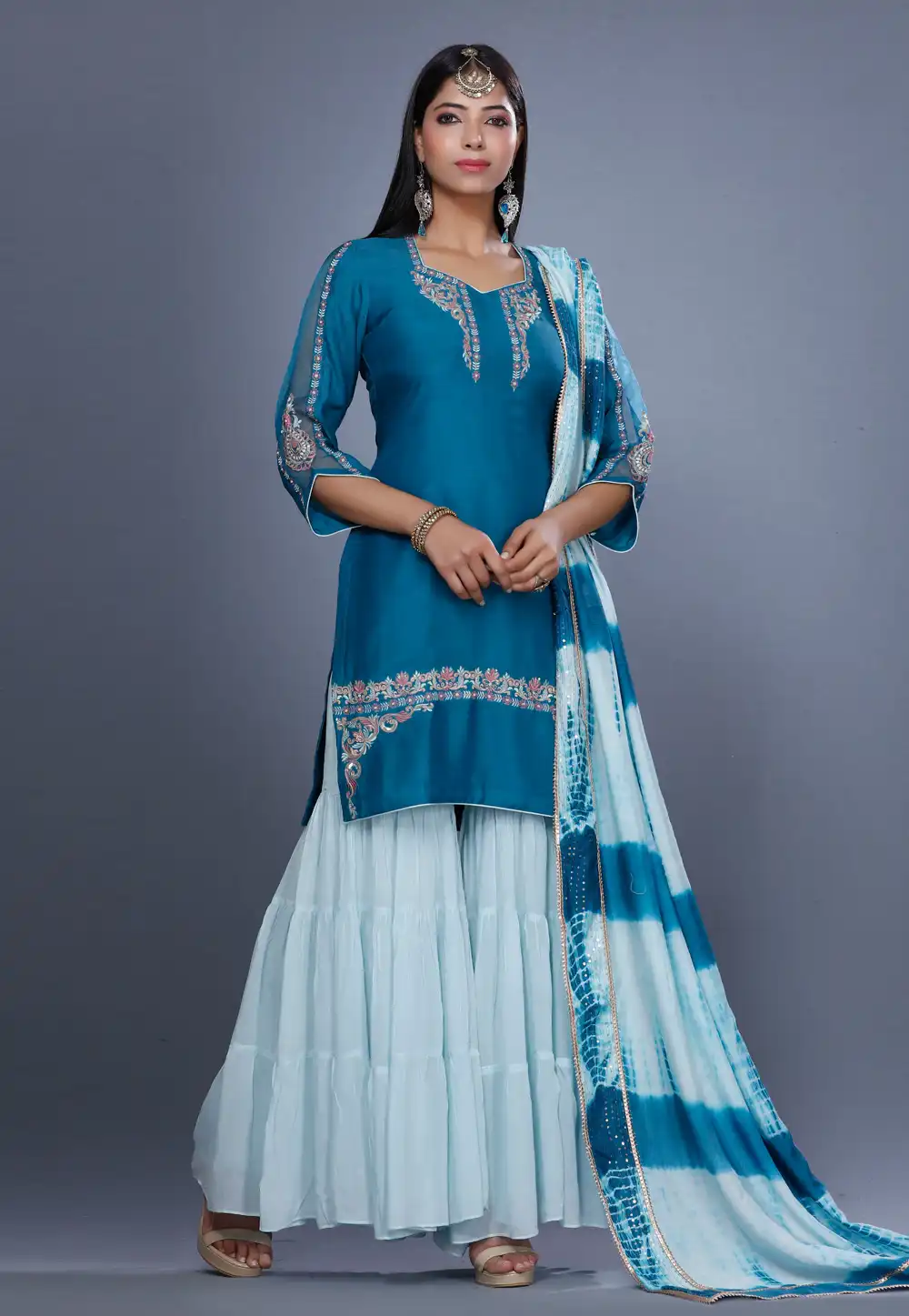Teal Muslin Pakistani Sharara Suit 271218