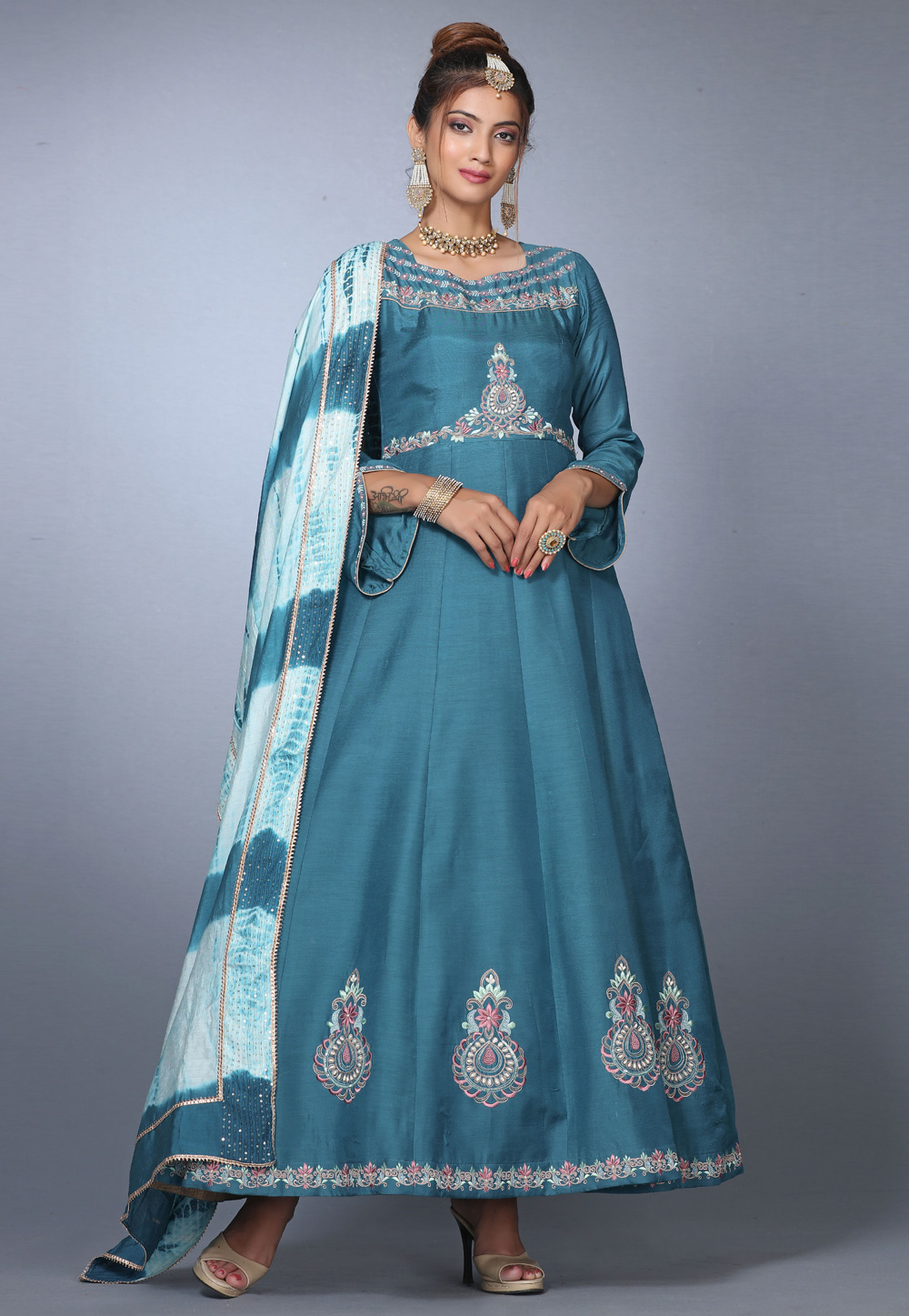 Teal Muslin Long Anarkali Suit 271143