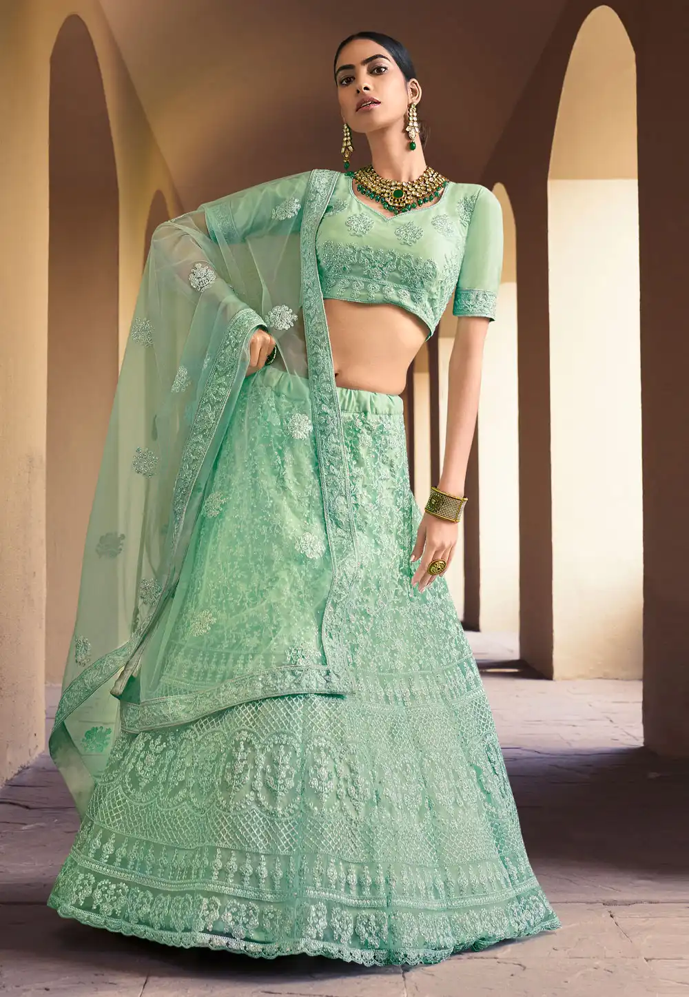 Green Sequins Work Net Flared Lehenga Choli 223388