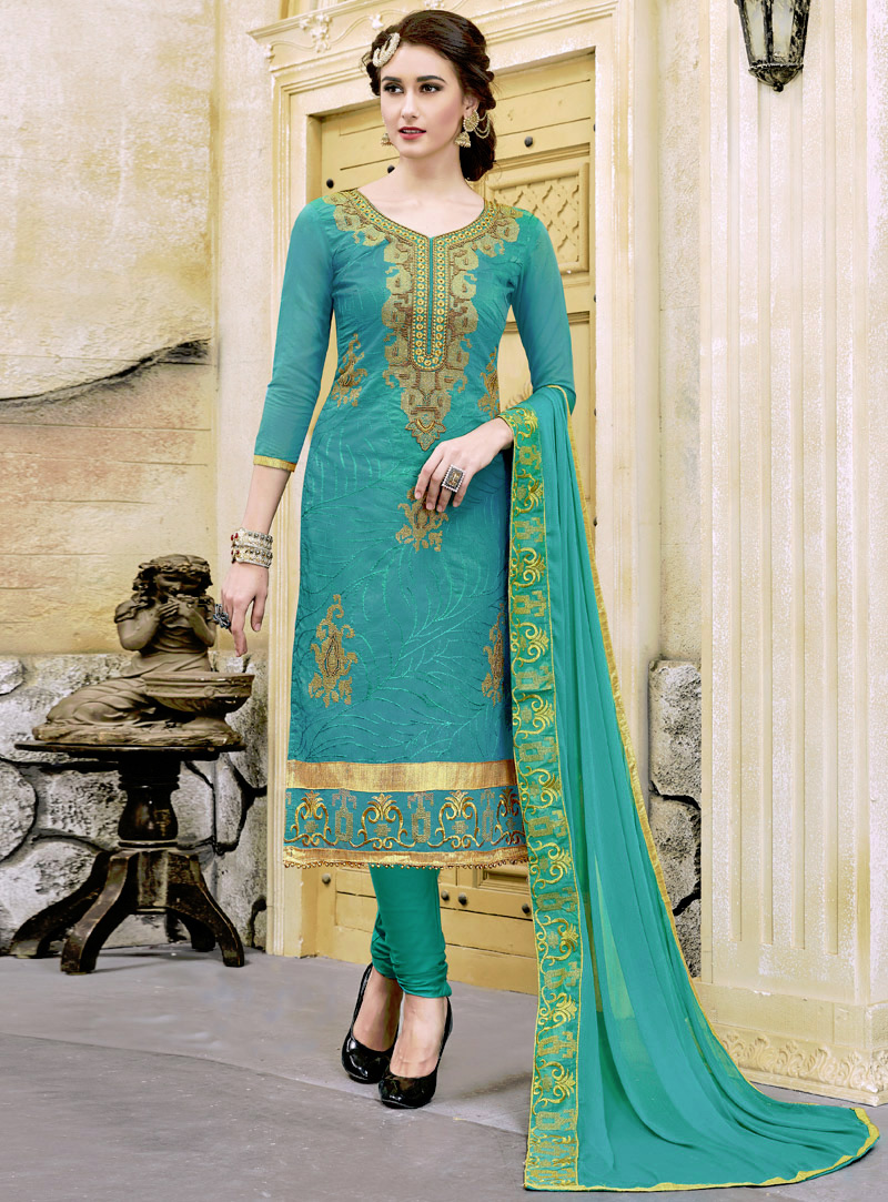 Aqua Chanderi Embroidery Churidar Suit