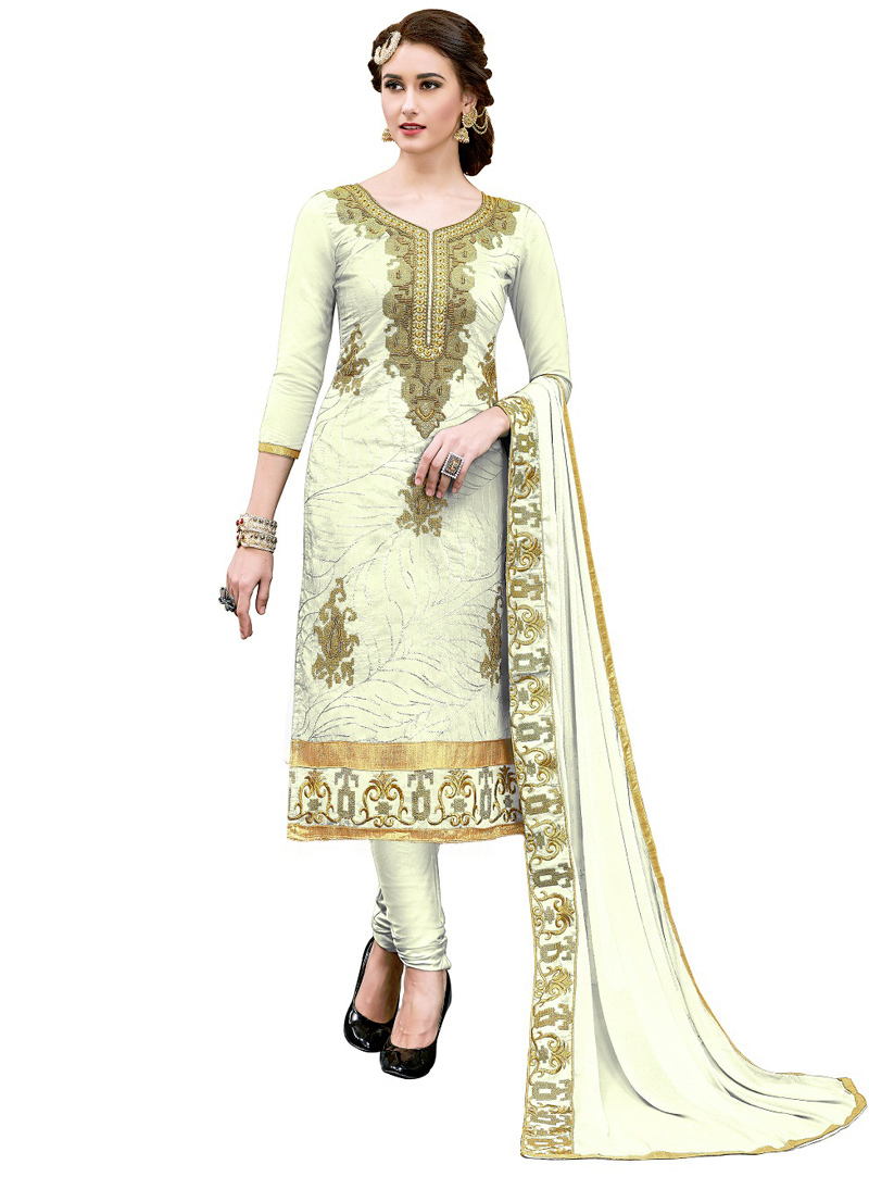 White Chanderi Kameez With Churidar 129128