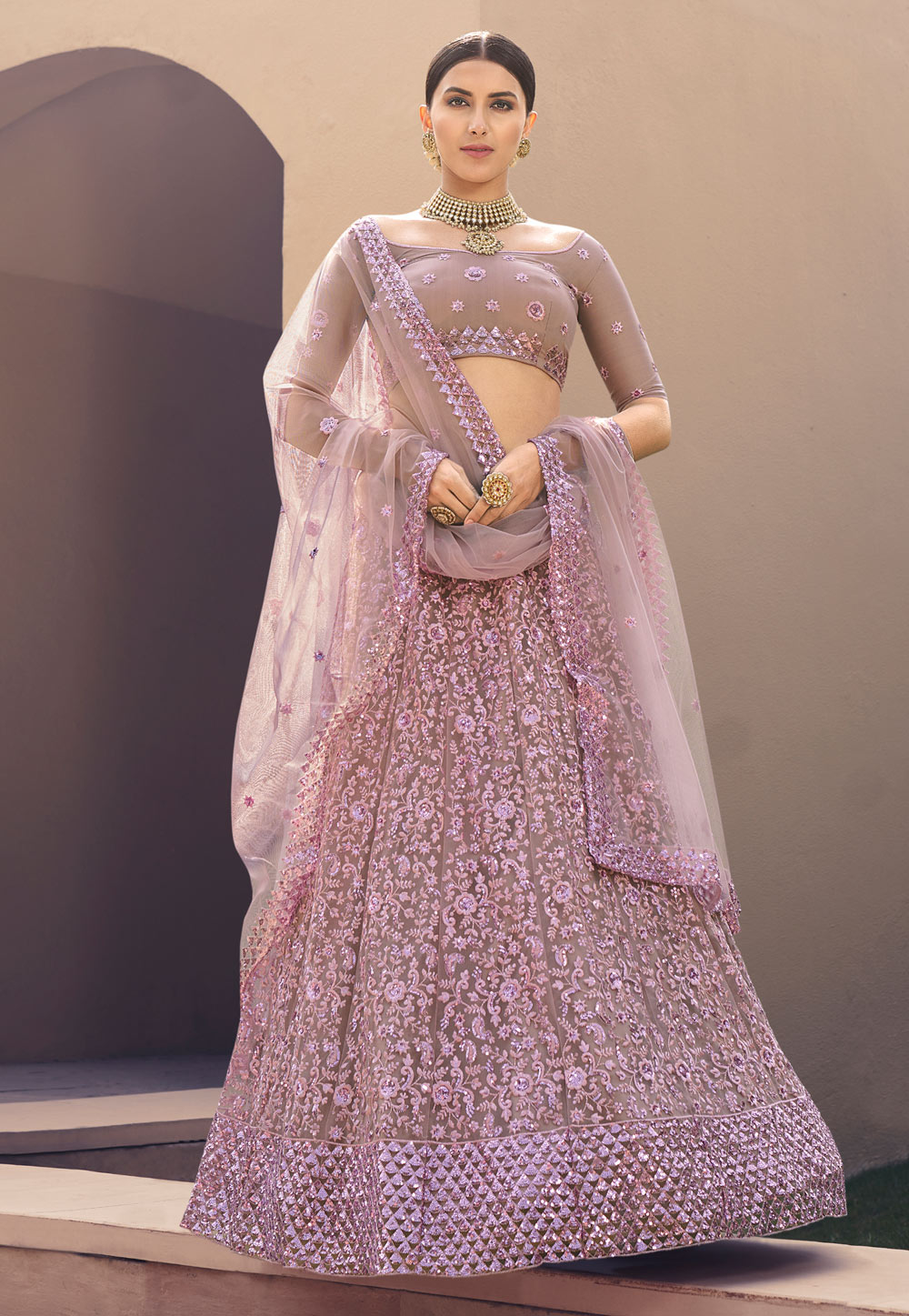 Light Brown Net Thread Work Lehenga Choli 223389