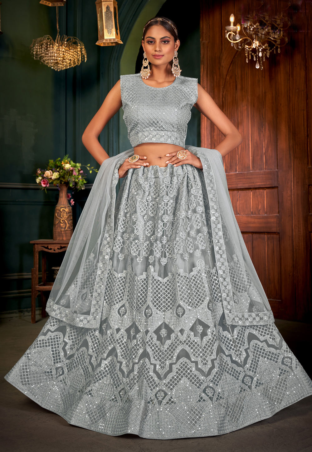 Grey Net Circular Lehenga Choli 239628