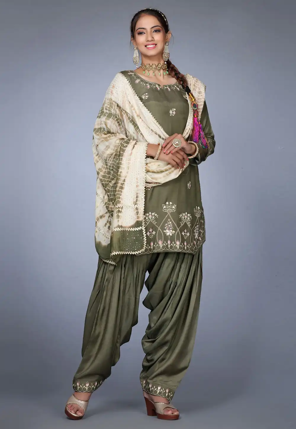 Camo Green Muslin Punjabi Suit 271191
