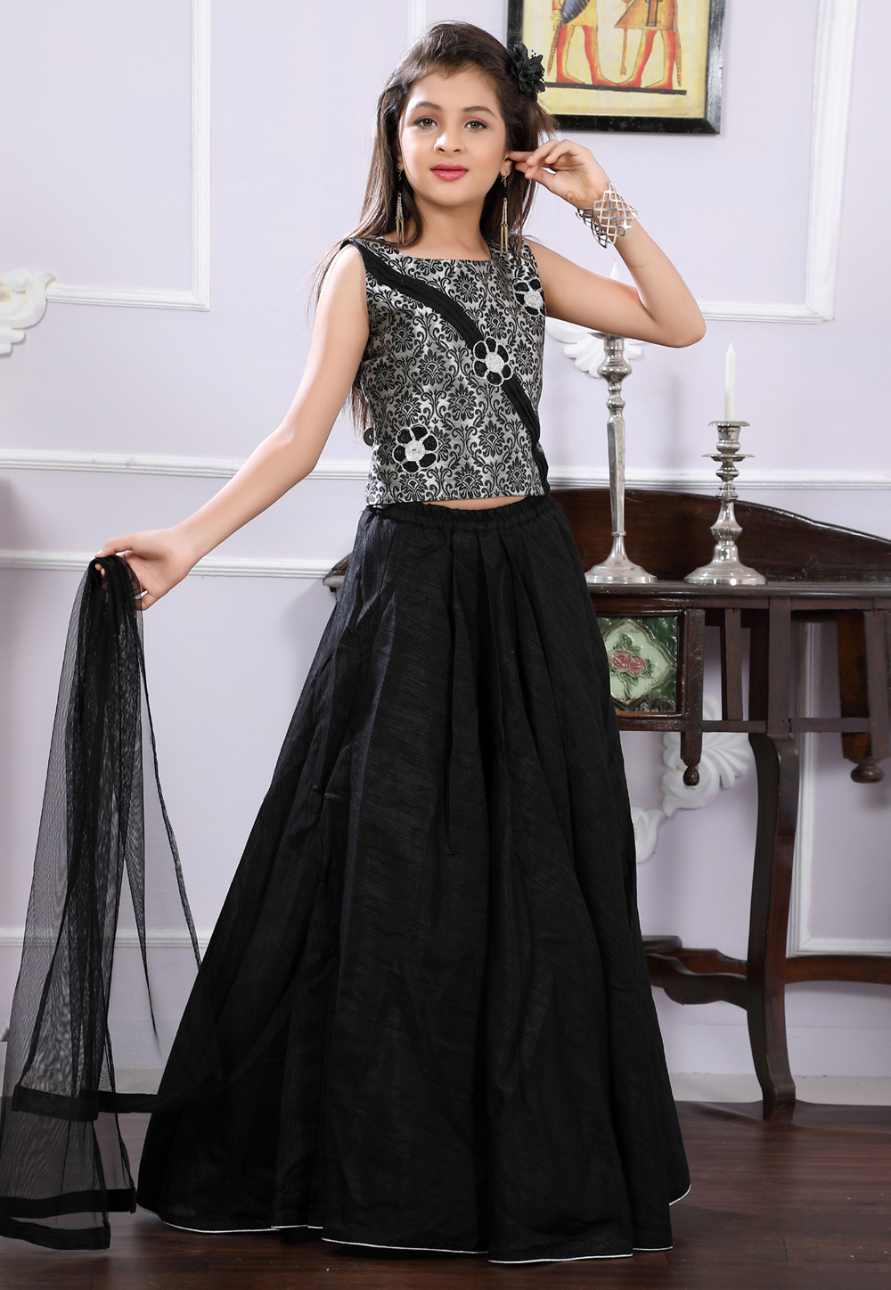 Black Brocade Readymade Kids Lehenga Choli 171690