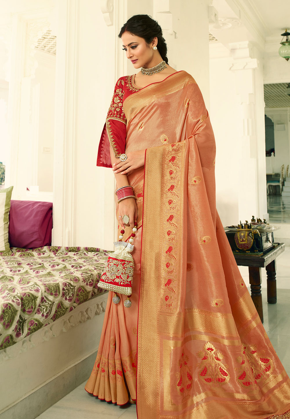 Peach Banarasi Silk Party Wear Saree 194866