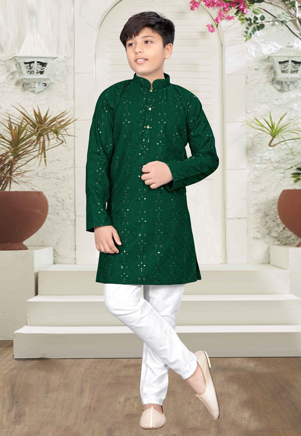Green Cotton Readymade Kids Kurta Pajama 261498